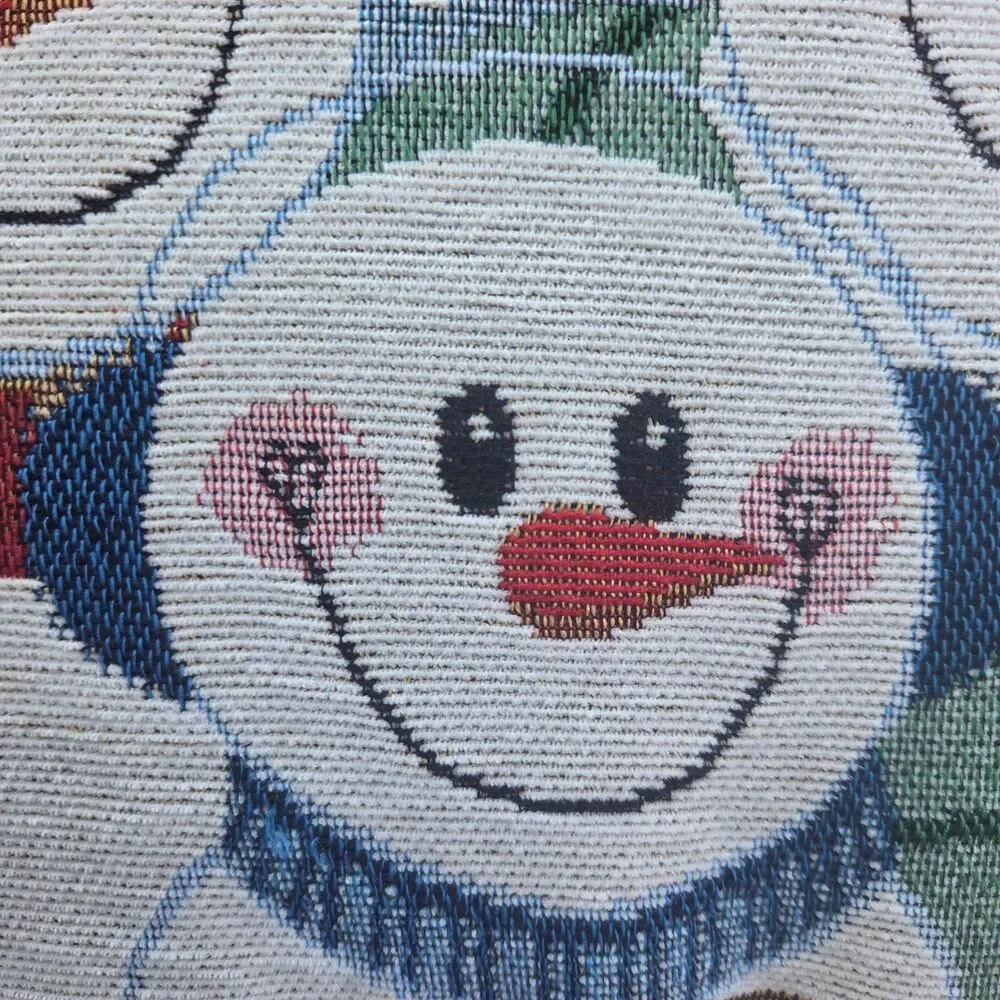 Vintage 18x18 Snowman Tapestry Pillow Hugs Kisses Holiday Wishes Double Sided
